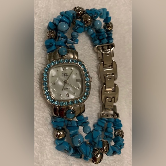 #J921 - VTG Suzanne Somers Turquoise, Aqua Crystals & Silver-tone Ladies Watch - Picture 1 of 13